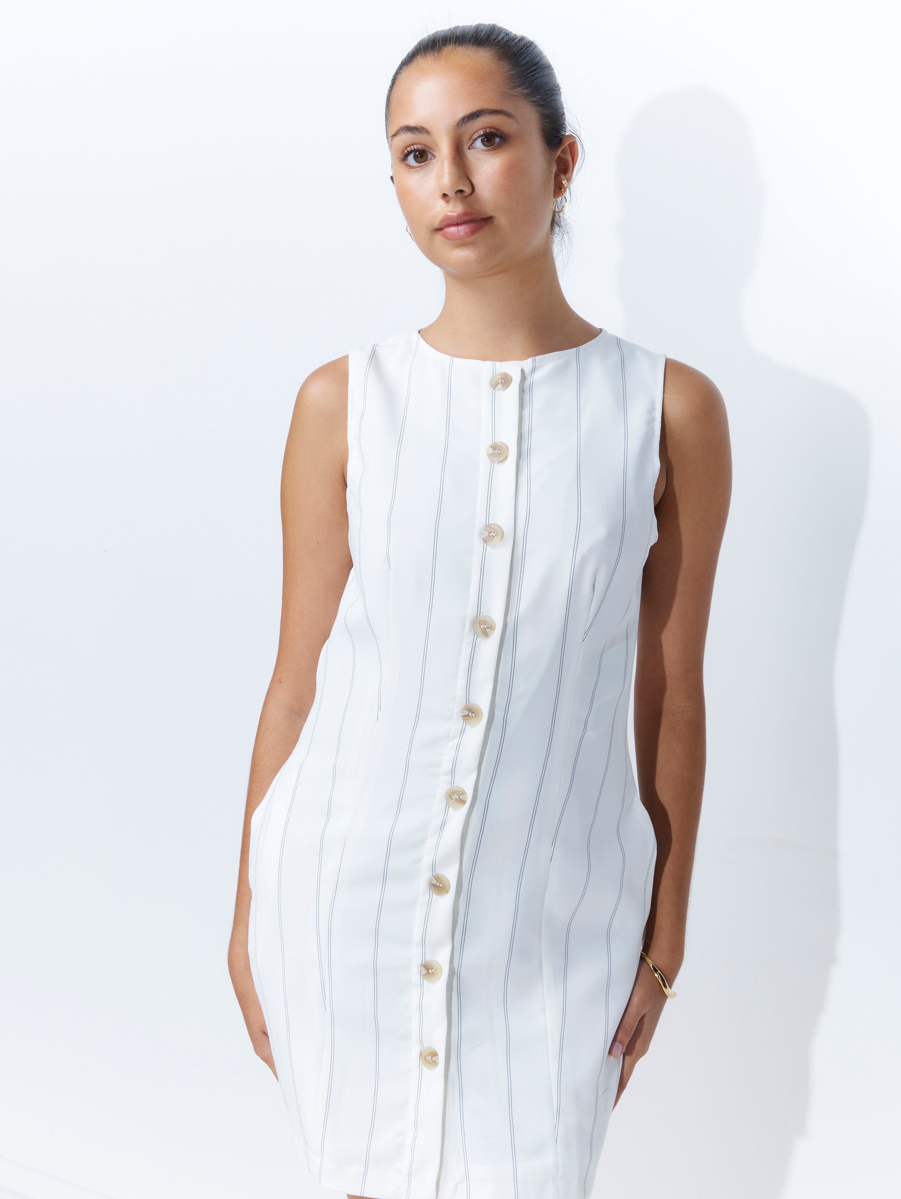 Melanie Dress - White Pinstripe