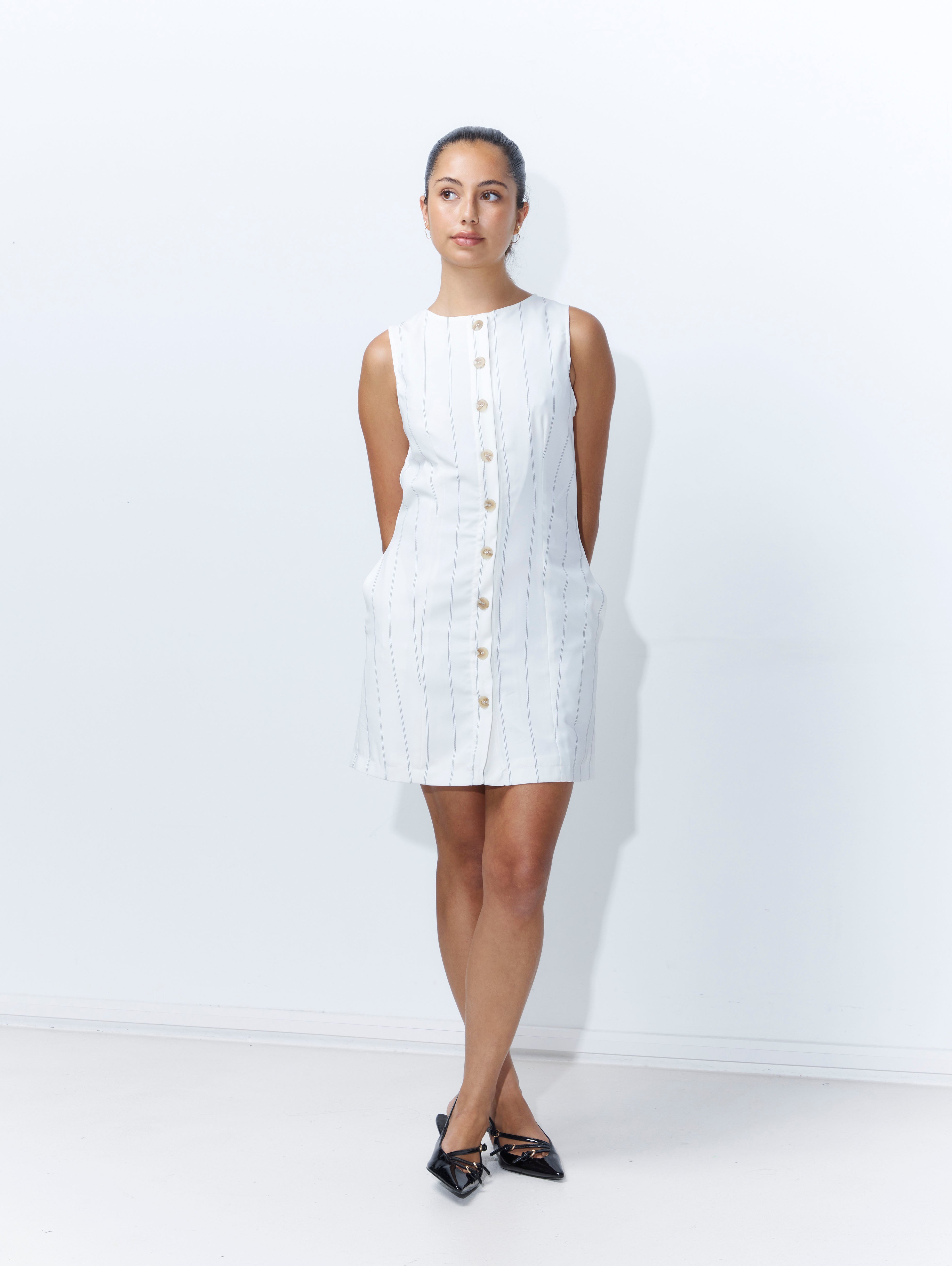 Melanie Dress - White Pinstripe