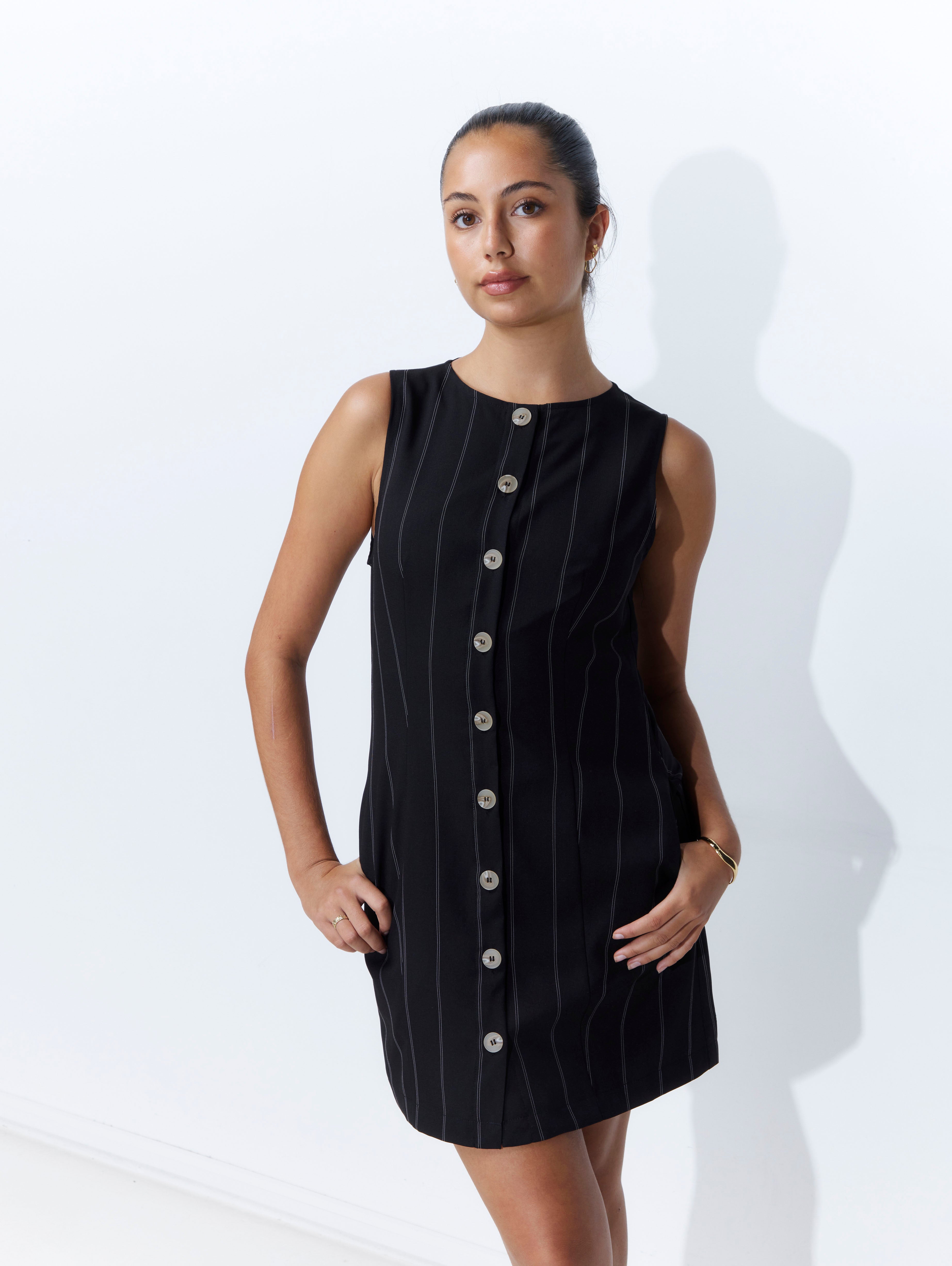 Melanie Dress - Black Pinstripe